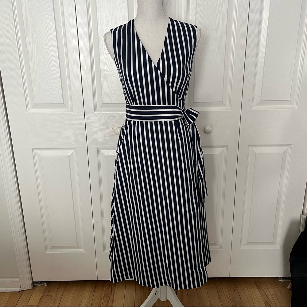 Draper James Miranda Full Wrap Dress Awning Stripe Blue and White Fully Lined 4